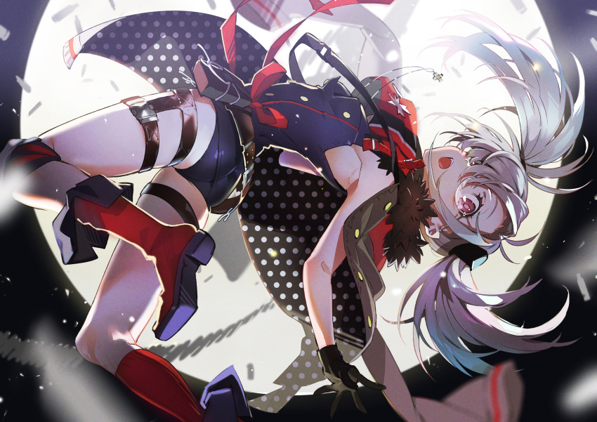 1girl absurdres ass bangs black_gloves blurry boots breasts cloak depth_of_field full_moon fur_trim girls_frontline glasses gloves grey_hair hair_over_one_eye highres hk21_(girls_frontline) kneehighs long_hair looking_at_viewer looking_back moon night open_mouth outdoors polka_dot red_footwear red_legwear silver_hair small_breasts solo thighs violet_eyes yoneyama_mai