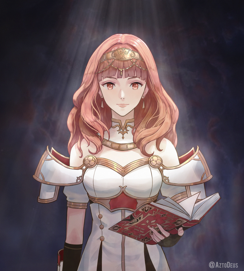 1girl absurdres armor aztodeus cape celica_(fire_emblem) dress earrings fingerless_gloves fire_emblem fire_emblem_echoes:_mou_hitori_no_eiyuuou fire_emblem_heroes gloves highres jewelry long_hair nintendo open_mouth red_eyes redhead simple_background smile solo tiara