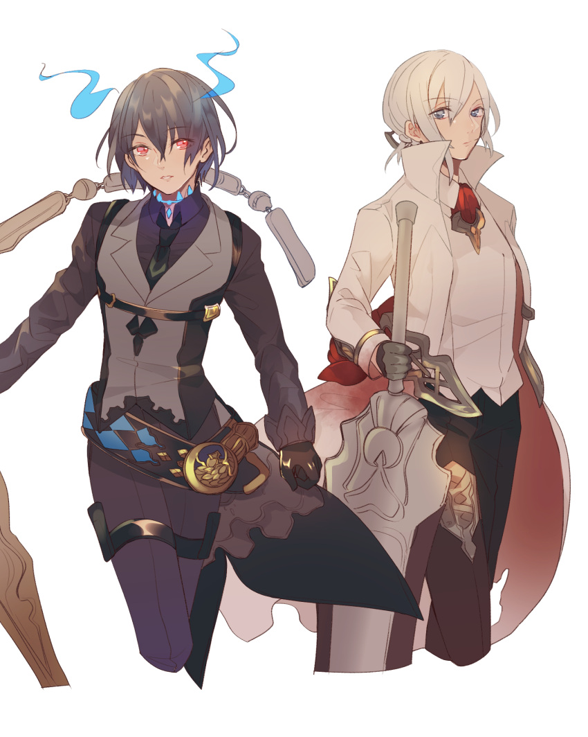 2boys alice_(sinoalice) belt blue_eyes blue_hair choker expressionless eyebrows_visible_through_hair eyes_visible_through_hair formal genderswap genderswap_(ftm) gloves high_collar highres looking_at_viewer multiple_boys necktie red_eyes ruri_kokko sinoalice snow_white_(sinoalice) suit sword tailcoat weapon white_background white_hair