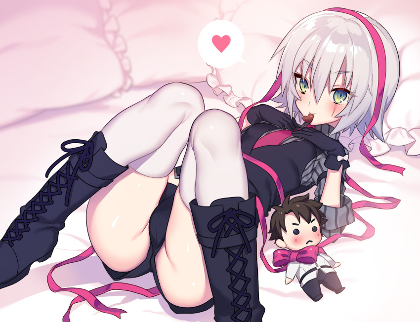 1girl bangs bed black_footwear black_gloves black_shirt black_shorts blush boots bow character_doll chocolate chocolate_heart commentary_request cross-laced_footwear eyebrows_visible_through_hair facial_scar fate/grand_order fate_(series) food_in_mouth fujimaru_ritsuka_(male) gloves green_eyes grey_hair grey_shirt hair_between_eyes heart jack_the_ripper_(fate/apocrypha) knee_boots knees_together_feet_apart lace-up_boots long_sleeves looking_at_viewer lying mouth_hold necktie on_back pillow pink_bow pink_neckwear pink_ribbon ribbon scar scar_across_eye scar_on_cheek shadow shiny shiny_hair shiny_skin shirt short_hair shorts sidelocks sleeves_folded_up smile solo spoken_heart striped striped_shirt thigh-highs tsurime tubumi valentine waistcoat white_bow white_legwear