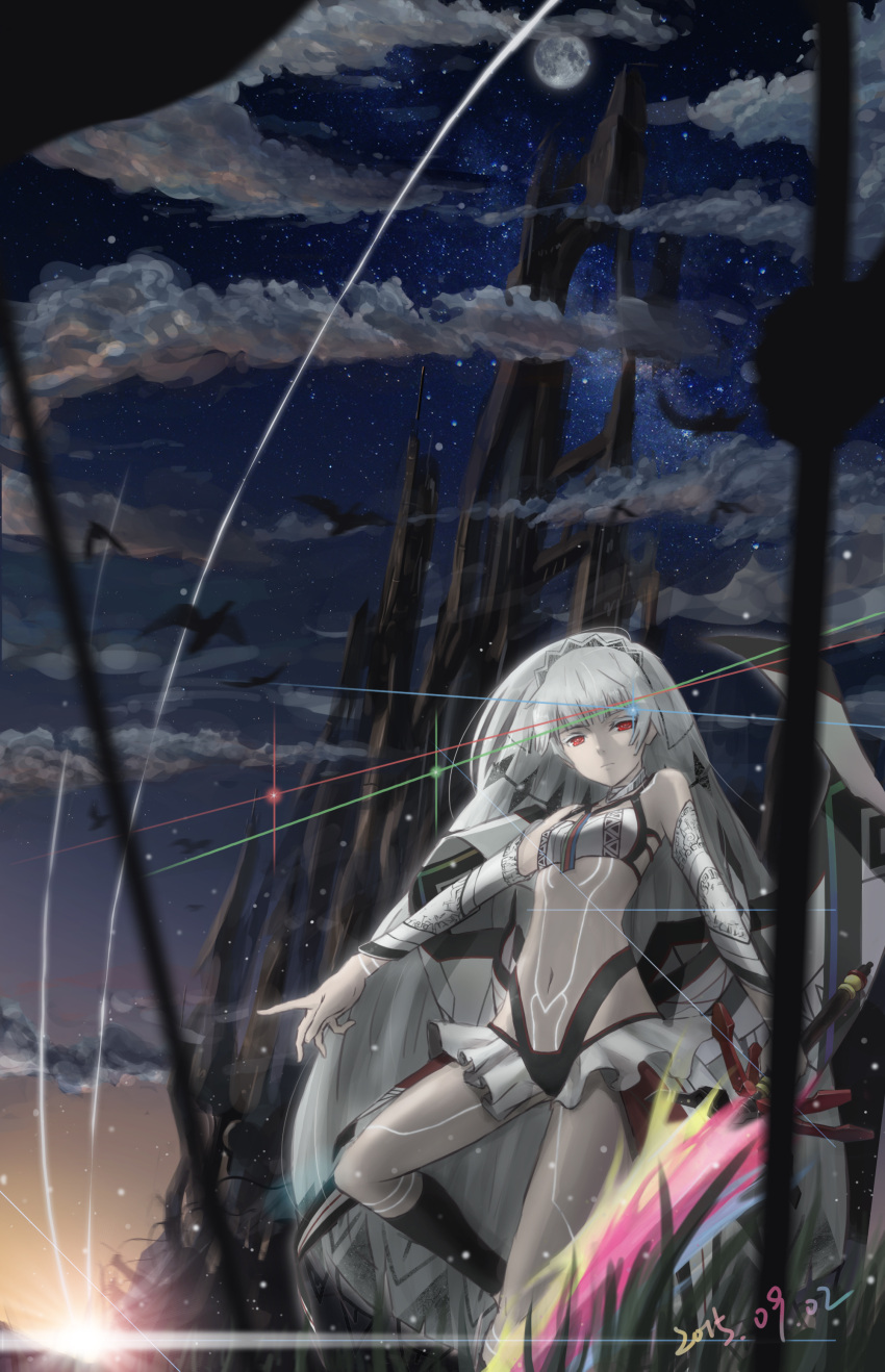 1girl absurdres altera_(fate) bangs bare_shoulders bird breasts castle choker closed_mouth clouds cloudy_sky expressionless fate/grand_order fate_(series) full_body_tattoo grass headdress highres hips holding holding_sword holding_weapon jewelry leg_tattoo legs light_rays light_trail looking_at_viewer midriff moon moonlight navel night night_sky outdoors photon_ray red_eyes revealing_clothes short_hair showgirl_skirt skirt sky small_breasts socks solo standing star star_(sky) starry_sky stomach_tattoo sunrise sword tattoo ten_no_hoshi thighs veil weapon white_hair white_skirt