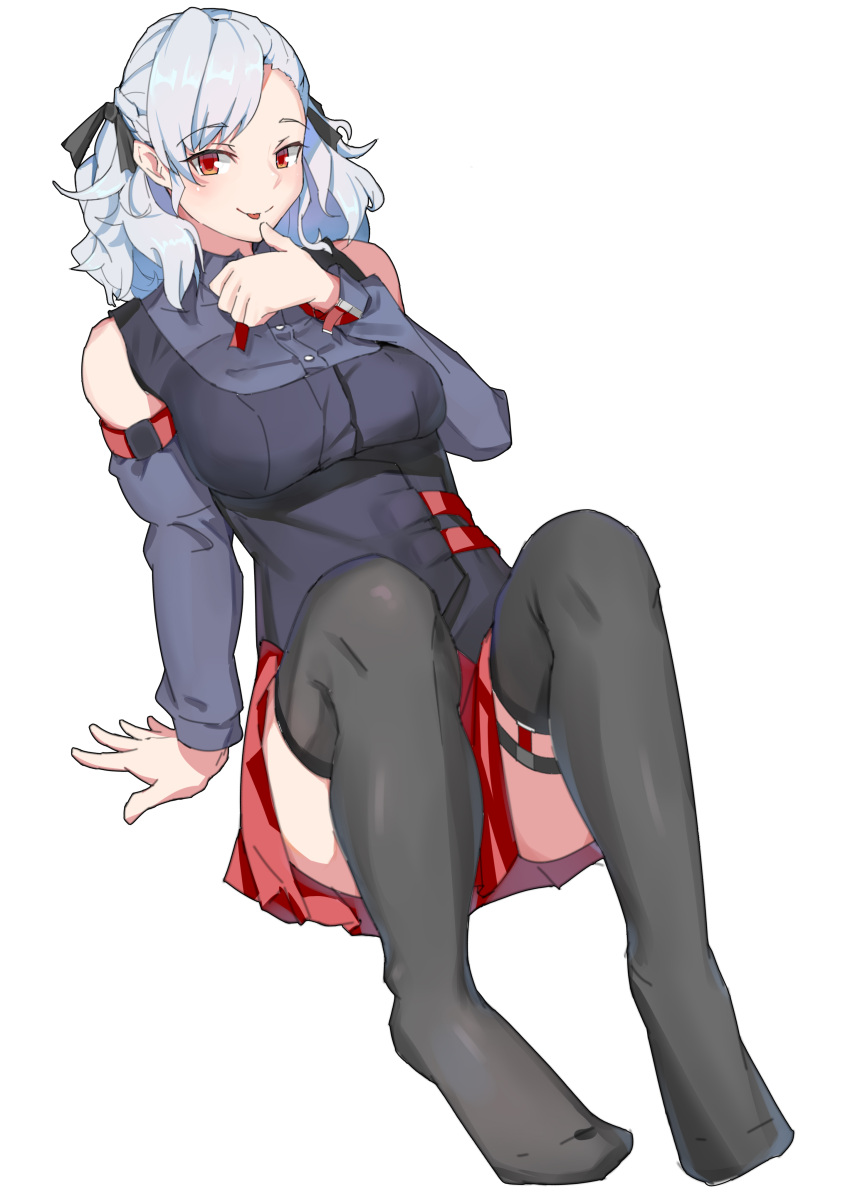 1girl absurdres breasts dress girls_frontline gun highres red_eyes rosehip_t72 short_hair shotgun silver_hair simple_background sitting skirt solo spas-12 spas-12_(girls_frontline) tagme thigh-highs tongue tongue_out weapon white_background
