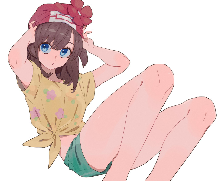 1girl arms_up beanie black_hair blue_eyes creatures_(company) floral_print game_freak hat highres itou_(very_ito) mizuki_(pokemon) nintendo open_mouth pokemon pokemon_(game) pokemon_sm shirt short_shorts short_sleeves shorts simple_background solo tied_shirt white_background