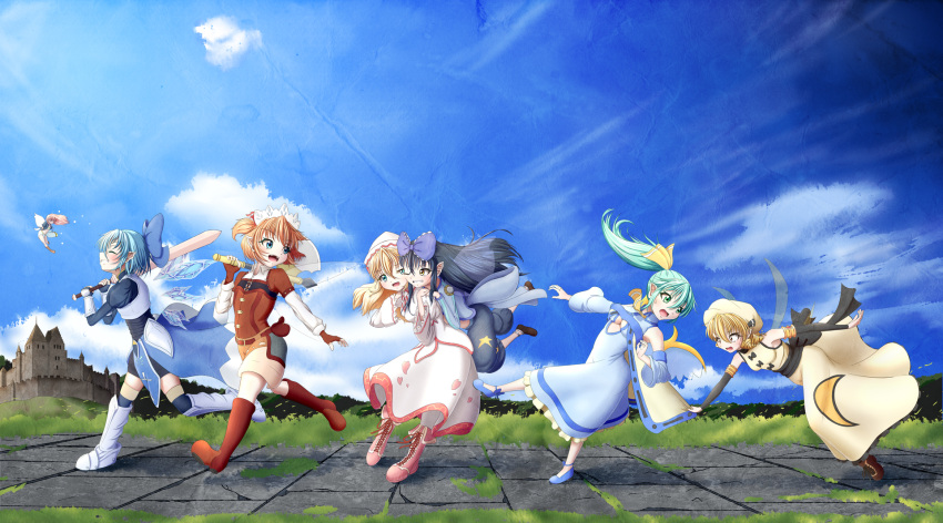 6+girls alternate_costume armor ascot axe bike_shorts black_hair blonde_hair blue_hair boots bow breastplate breasts brown_hair cape cape_tug capri_pants cirno city cleavage_cutout closed_eyes clouds commentary daiyousei detached_sleeves dress drill_hair fairy fangs fantasy fingerless_gloves flat_chest gauntlets gloves green_eyes green_hair grin hair_bow happy hat headdress heart highres ice ice_wings jumping knight lily_white long_hair looking_back luna_child midriff minigirl multiple_girls one_eye_closed open_mouth over_shoulder pants path pink_hair pouch profile road running sash short_hair shorts side_ponytail sky sleeveless sleeveless_dress smile standing standing_on_one_leg star star_sapphire sunny_milk sword texture touhou tripping two_side_up under_boob wall wan_tama weapon weapon_over_shoulder white_dress wings wizardry