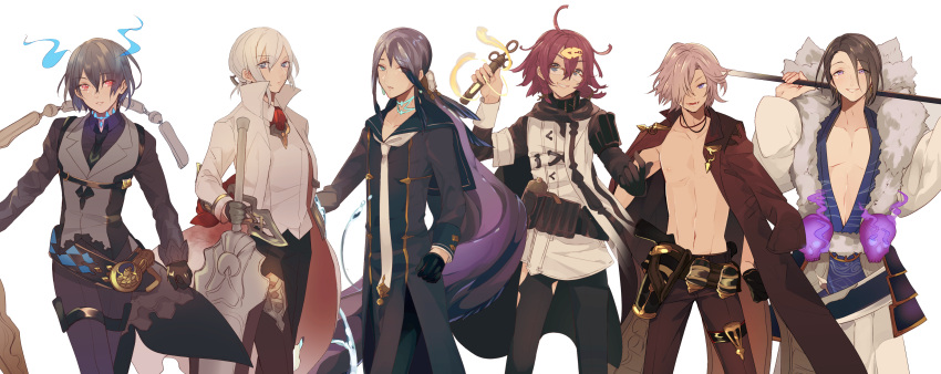 6+boys absurdres ahoge alice_(sinoalice) aqua_eyes asymmetrical_bangs bangs belt black_hair blue_eyes blue_hair center_opening cinderella_(sinoalice) commentary_request contrapposto dorothy_(sinoalice) expressionless eyebrows_visible_through_hair eyes_visible_through_hair formal fur_trim genderswap genderswap_(ftm) glasses gloves hair_between_eyes hair_ornament hair_over_one_eye hairclip high_collar highres jacket_on_shoulders jewelry kaguya_hime_(sinoalice) long_hair looking_at_viewer messy_hair multiple_boys necklace necktie ningyo_hime_(sinoalice) over_shoulder purple_hair red_eyes ruri_kokko sailor_collar sinoalice skull smile snow_white_(sinoalice) suit sword tailcoat trench_coat very_long_hair vial weapon weapon_over_shoulder white_background white_hair