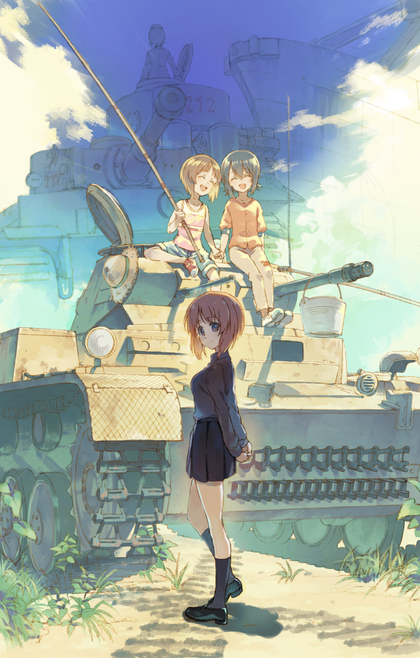 2girls absurdres arms_behind_back black_footwear black_legwear black_skirt blue_sky brown_eyes brown_hair bucket child closed_eyes clouds commentary_request cosmic_(crownclowncosmic) cover fishing_rod girls_und_panzer grey_shirt ground_vehicle hand_holding happy hat highres kneehighs kuromorimine_school_uniform loafers long_sleeves looking_at_viewer military military_vehicle miniskirt motor_vehicle multiple_girls nishizumi_maho nishizumi_miho open_mouth panzerkampfwagen_ii pleated_skirt shirt shoes short_hair shorts siblings sisters skirt sky smile socks straw_hat summer tank tank_top tiger_i younger