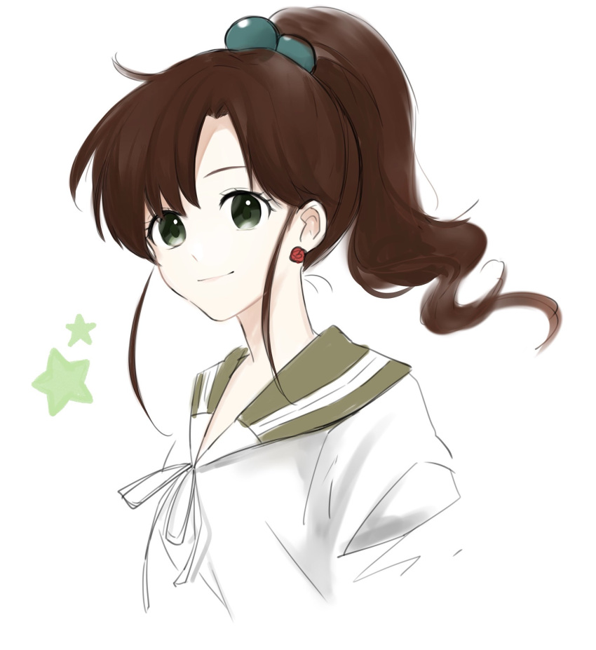 1girl bangs bishoujo_senshi_sailor_moon bow brown_hair commentary_request green_eyes green_sailor_collar hair_between_eyes hair_bobbles hair_ornament highres jewelry juuban_middle_school_uniform kino_makoto kino_makoto's_school_uniform long_hair morinaga_miki ponytail rose_earrings sailor_collar school_uniform serafuku short_hair sidelocks simple_background skirt smile solo star swept_bangs upper_body white_background