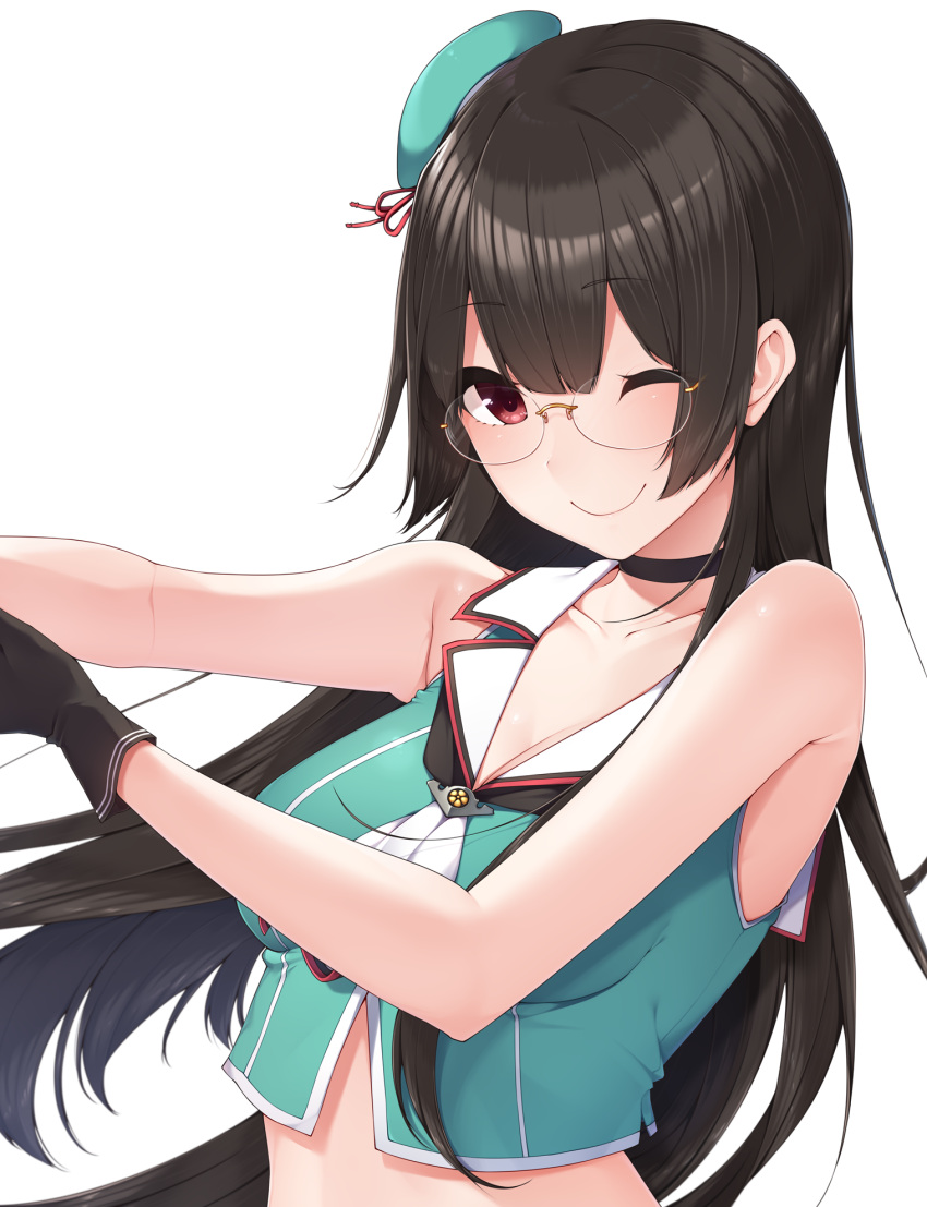 1girl armpits arms_up bangs bare_shoulders black_gloves black_hair black_neckwear blue_hat blue_vest blunt_bangs bow breasts choker choukai_(kantai_collection) cleavage closed_mouth collarbone eyebrows eyebrows_visible_through_hair glasses gloves hat highres kantai_collection long_hair looking_at_viewer medium_breasts one_eye_closed peaked_cap red_bow red_eyes rimless_eyewear school_uniform serafuku smile solo straight_hair upper_body vest white_background yukichi_(sukiyaki39)