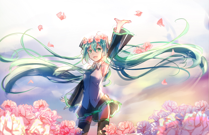 1girl :d absurdly_long_hair arm_up armpits black_legwear black_skirt cowboy_shot detached_sleeves eyebrows_visible_through_hair field floating_hair flower flower_field green_eyes green_hair green_neckwear grey_shirt hair_between_eyes hair_flower hair_ornament hatsune_miku long_hair miniskirt necktie open_mouth outdoors pink_flower pink_rose pleated_skirt rose see-through_silhouette shiny shiny_hair shirt sketch skirt sleeveless sleeveless_shirt smile solo standing thigh-highs twintails very_long_hair vocaloid zettai_ryouiki