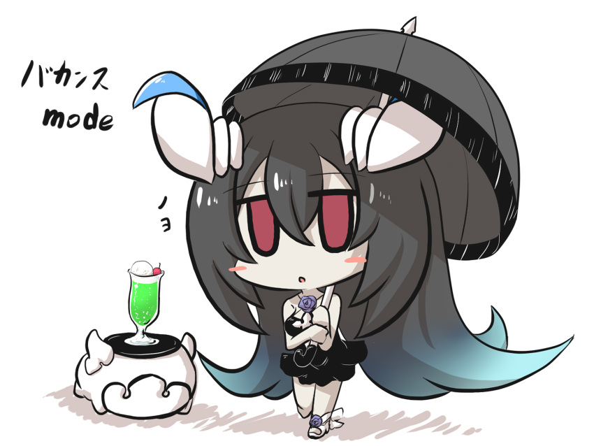 1girl anchorage_water_oni aqua_hair black_hair blue_flower blue_rose blush_stickers chibi commentary_request flower food frilled_swimsuit frills full_body goma_(gomasamune) hair_between_eyes highres horns ice_cream ice_cream_float kantai_collection looking_at_viewer multicolored_hair open_mouth parasol red_eyes rose shinkaisei-kan shoes sleeveless standing swimsuit translated umbrella