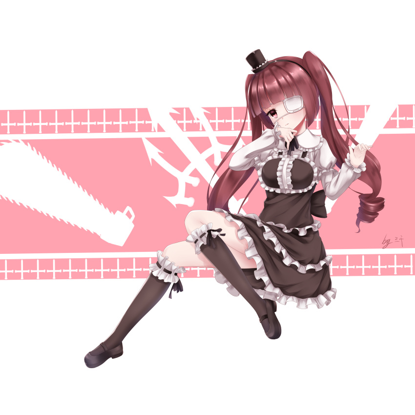 1girl absurdres bangs black_dress black_footwear black_legwear black_ribbon blunt_bangs brown_eyes brown_hair dress drill_hair eyebrows_visible_through_hair eyepatch frilled_dress frilled_legwear frilled_sleeves frills full_body gothic_lolita hanazono_yurine hat highres jashin-chan_dropkick kneehighs laoan lolita_fashion long_hair long_sleeves looking_at_viewer mary_janes mini_hat mini_top_hat ribbon ribbon-trimmed_legwear ribbon_trim shoes solo top_hat twin_drills twintails very_long_hair