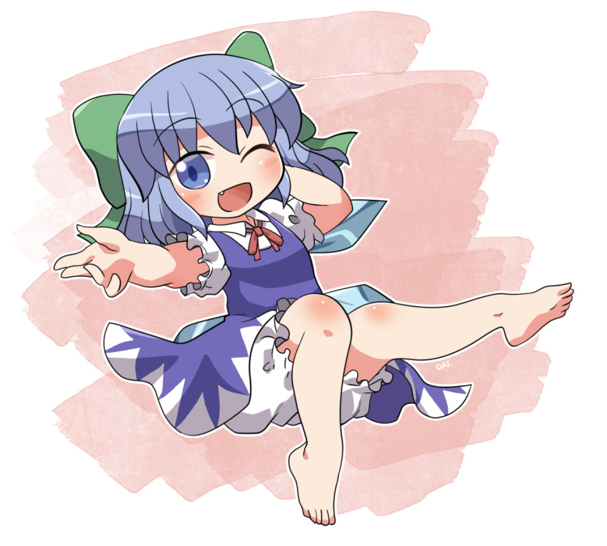 1girl barefoot bloomers blue_dress blue_eyes blue_hair blush bow cirno collared_shirt dress fang frilled_sleeves frills full_body green_bow hair_between_eyes hair_bow one_eye_closed open_mouth rokugou_daisuke shirt short_hair short_sleeves signature smile solo touhou underwear white_bloomers white_shirt