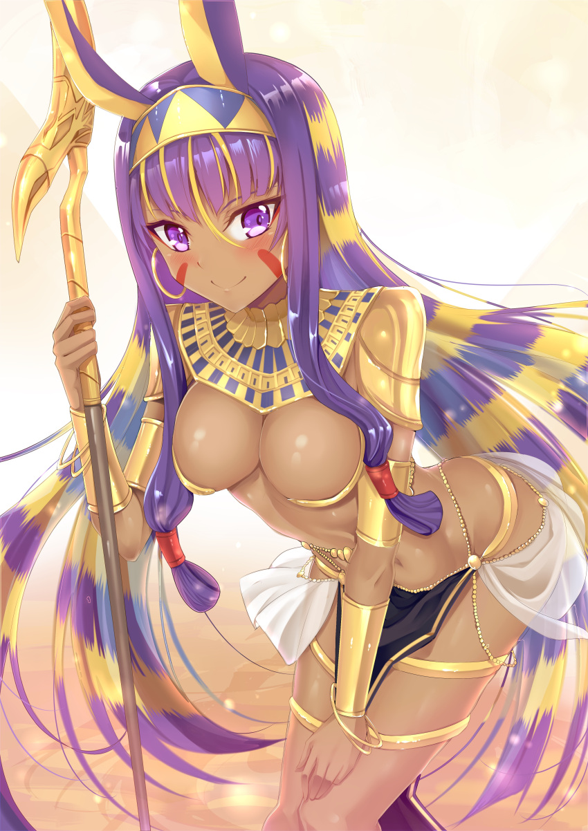 1girl absurdres animal_ears bent_over blonde_hair blush bracelet breasts cleavage dark_skin day desert earrings egyptian egyptian_clothes facial_mark fate/grand_order fate_(series) gold gu_li hairband highres hoop_earrings jackal_ears jewelry leaning_forward long_hair looking_at_viewer medium_breasts multicolored_hair nitocris_(fate/grand_order) outdoors pelvic_curtain purple_hair sand sidelocks smile solo staff standing very_long_hair violet_eyes