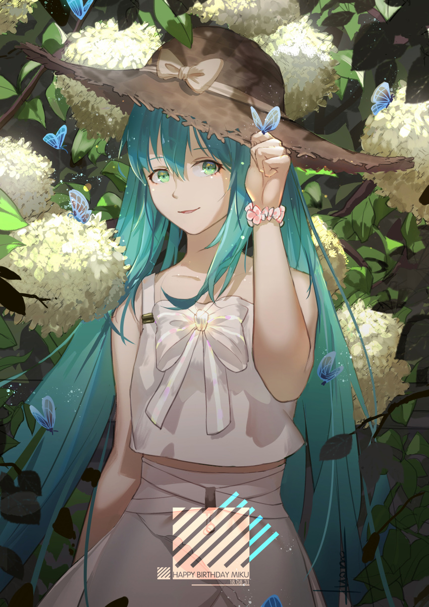1girl absurdres blue_hair bow bowtie brown_bow brown_hat brown_ribbon butterfly_on_hand character_name collarbone dated green_eyes hair_between_eyes happy_birthday hat hat_bow hat_ribbon hatsune_miku highres long_hair looking_at_viewer luomo parted_lips ribbon shirt skirt sleeveless sleeveless_shirt solo straw_hat sun_hat twintails very_long_hair vocaloid white_bow white_shirt white_skirt