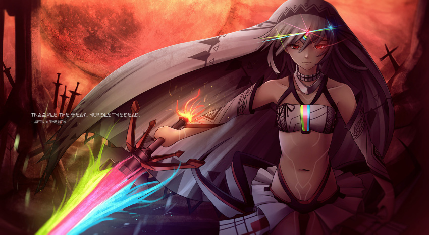 1girl altera_(fate) bangs bare_shoulders battlefield black_nails blueriest blunt_bangs breasts choker closed_mouth collarbone dark_skin detached_sleeves expressionless fate/grand_order fate_(series) fighting_stance fingernails full_body_tattoo hair_between_eyes headdress highres holding holding_sword holding_weapon jewelry looking_at_viewer midriff moon nail_polish navel outdoors photon_ray red_eyes red_moon red_sky revealing_clothes short_hair showgirl_skirt skirt sky small_breasts solo stomach_tattoo sword tan tattoo veil weapon white_hair white_skirt