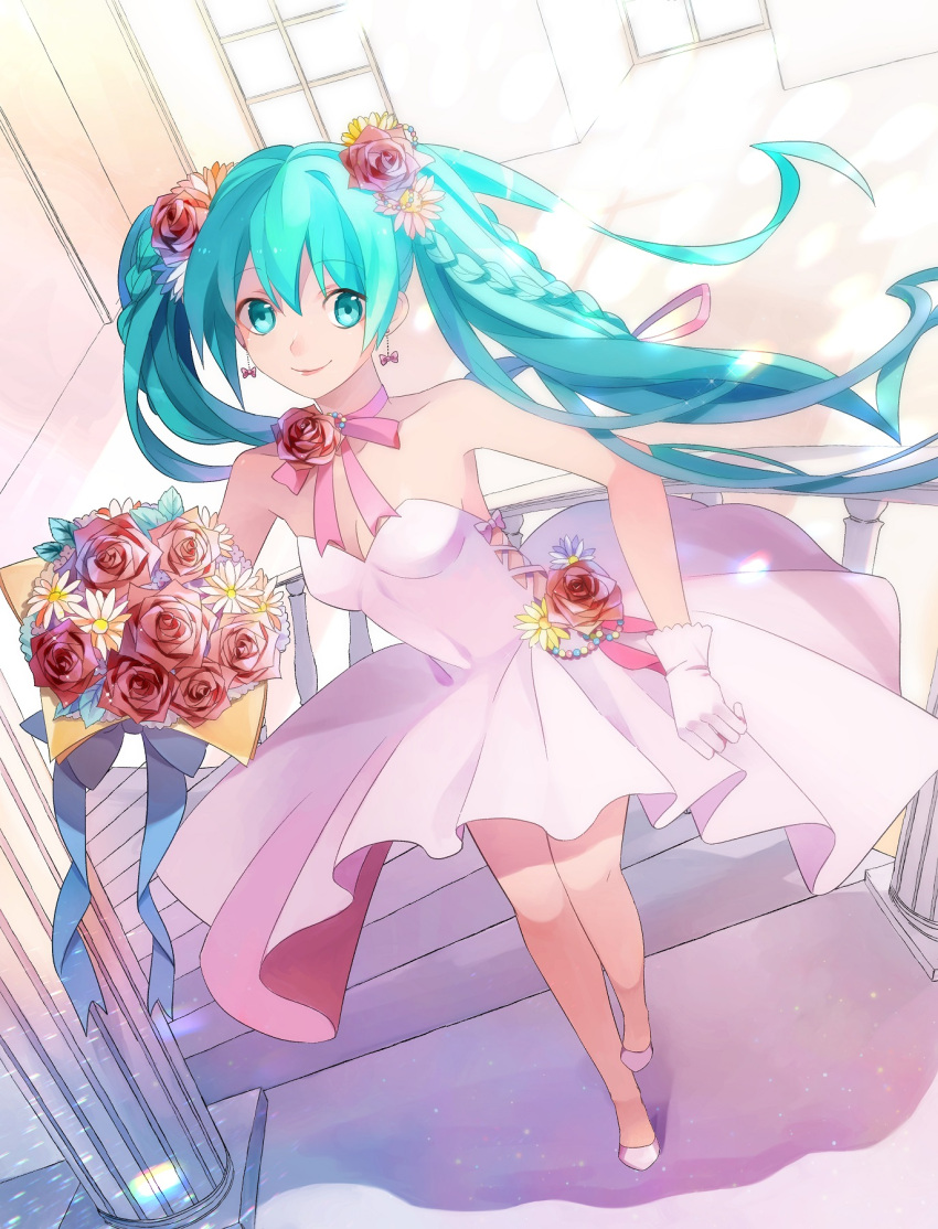 1girl blue_eyes blue_hair blue_ribbon bouquet braid breasts choker cleavage dress earrings eyebrows_visible_through_hair floating_hair flower from_above full_body gloves hair_between_eyes hair_flower hair_ornament hatsune_miku highres holding holding_bouquet indoors jewelry lipstick long_hair looking_at_viewer makeup medium_breasts pink_ribbon pleated_dress pumps q-chiang red_flower red_rose ribbon ribbon_choker rose short_dress sleeveless sleeveless_dress smile solo stairs standing strapless strapless_dress twintails very_long_hair vocaloid white_dress white_gloves