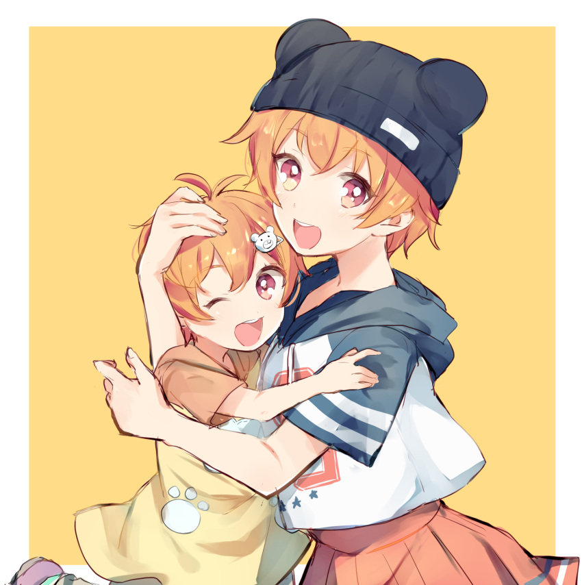 2girls :d ;d antenna_hair bang_dream! beanie bear_hair_ornament bear_hat black_hat child drawstring dual_persona eyebrows_visible_through_hair hair_ornament hand_on_another's_head hat highres hood hood_down hug kitazawa_hagumi komachi_narota looking_at_viewer multiple_girls one_eye_closed open_mouth orange_background orange_hair paw_print pleated_skirt raglan_sleeves red_eyes red_skirt round_teeth short_hair short_sleeves skirt smile teeth time_paradox upper_teeth younger