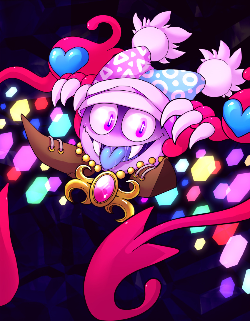 1boy absurdres blue_tongue circle claws commentary crazy_eyes crazy_smile dark_background fangs floating hagalaz hat heart hexagon highres jester_cap jewelry kirby_(series) kirby_super_star_ultra marx_soul necklace nintendo no_humans pale_skin purple_wings saliva scales shaded_face smile solo tongue tongue_out triangle violet_eyes wings