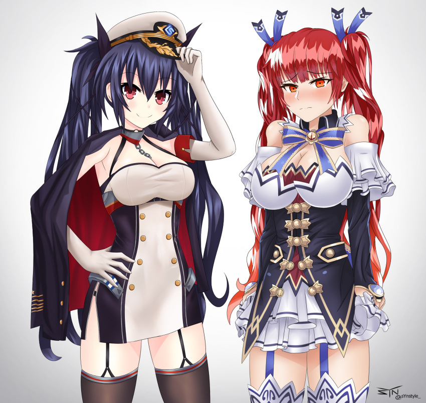 azur_lane black_hair breasts cape chains choujigen_game_neptune cleavage cosplay detached_sleeves hat highres honolulu_(azur_lane) large_breasts long_hair looking_at_viewer neptune_(series) noire red_eyes redhead simple_background smile syn_(synstyle) thigh-highs twintails white_background