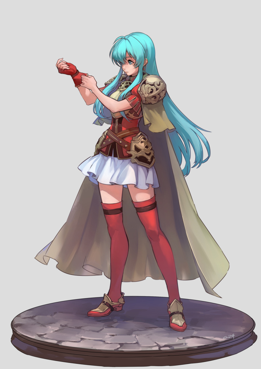 1girl adjusting_clothes adjusting_gloves aqua_eyes aqua_hair armor aureolin31 breastplate brown_cape closed_mouth commentary_request earrings eirika eyebrows_visible_through_hair faulds faux_figurine fingerless_gloves fire_emblem fire_emblem:_seima_no_kouseki gloves highres jewelry long_hair miniskirt nintendo pauldrons red_footwear red_gloves red_legwear red_shirt shirt shoes short_sleeves shoulder_armor sidelocks signature single_fingerless_glove single_glove skirt solo thigh-highs very_long_hair zettai_ryouiki