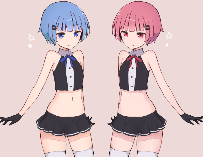 2girls bangs bare_shoulders black_gloves black_shirt black_skirt blue_eyes blue_hair blush brown_background closed_mouth collared_shirt commentary_request coraman crop_top eyebrows_visible_through_hair gloves hair_ornament hairclip highres midriff multiple_girls navel original pleated_skirt red_eyes redhead shirt simple_background skirt sleeveless sleeveless_shirt smile star symmetry thigh-highs virtual_youtuber white_legwear