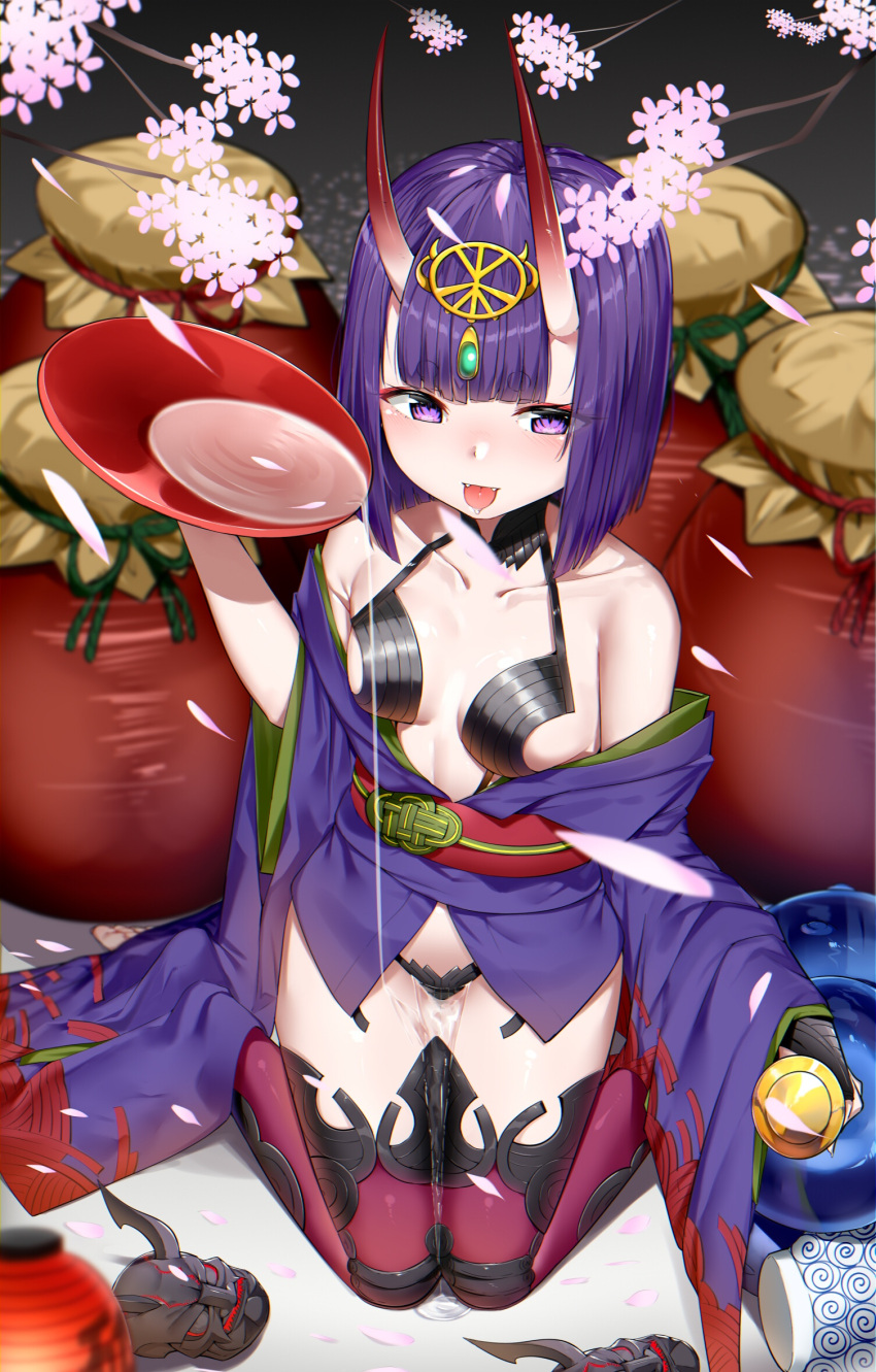 1girl arm_up bare_shoulders blurry blurry_background blush breasts collarbone commentary_request cup depth_of_field fangs fate/grand_order fate_(series) flower headpiece highres holding horns japanese_clothes kimono long_sleeves looking_at_viewer off_shoulder oni oni_horns petals pink_flower pouring purple_hair purple_kimono red_legwear revealing_clothes sakazuki short_hair shuten_douji_(fate/grand_order) sitting small_breasts solo suzuharu_toufu thigh-highs tongue tongue_out violet_eyes wariza wide_sleeves