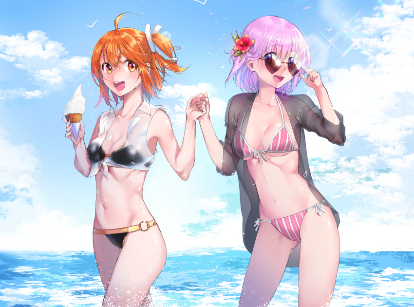 2girls :d ahoge aruze bikini black_bikini blue_sky breasts cleavage clouds collarbone cowboy_shot day eyebrows_visible_through_hair fate/grand_order fate_(series) flower food front-tie_bikini front-tie_top fujimaru_ritsuka_(female) groin hair_between_eyes hair_flower hair_ornament hair_ribbon hand_holding heart heart-shaped_eyewear hibiscus highres holding holding_food ice_cream looking_at_viewer mash_kyrielight medium_breasts multiple_girls navel one_side_up open_clothes open_mouth open_shirt orange_eyes orange_hair outdoors pink_hair red_flower ribbon rimless_eyewear see-through shiny shiny_hair shirt short_hair side-tie_bikini sideboob sky smile standing striped striped_bikini sunglasses swimsuit tied_shirt under_boob vertical-striped_bikini vertical_stripes violet_eyes wading white_ribbon