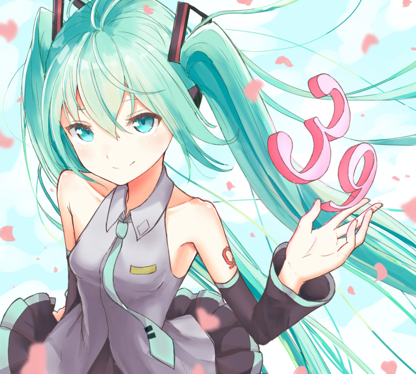 1girl 39 bangs bare_shoulders black_skirt blue_sky blush breasts closed_mouth clouds cloudy_sky collarbone collared_shirt commentary_request coraman day detached_sleeves eyebrows_visible_through_hair green_eyes green_hair green_neckwear grey_shirt hair_between_eyes hair_ornament hand_up hatsune_miku head_tilt highres long_hair long_sleeves looking_at_viewer necktie outdoors petals pleated_skirt shirt skirt sky sleeveless sleeveless_shirt small_breasts smile solo tie_clip twintails very_long_hair vocaloid wide_sleeves