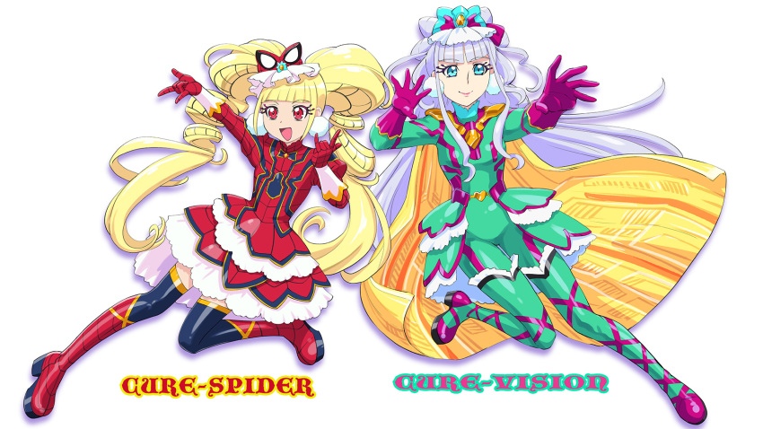 2girls :d aisaki_emiru alternate_eye_color avengers avengers:_infinity_war bangs blonde_hair blue_eyes blunt_bangs bodysuit boots bow cape cosplay cure_amour cure_macherie double_bun dress drill_hair earrings gloves hair_bow hair_ornament highres hugtto!_precure jewelry lipstick long_hair magical_girl makeup marvel multiple_girls open_mouth precure red_eyes ruru_amour simple_background smile spider-man spider-man_(cosplay) spider-man_(series) superhero thigh-highs thigh_boots twin_drills twintails ueyama_michirou very_long_hair vision_(marvel) vision_(marvel)_(cosplay) white_background