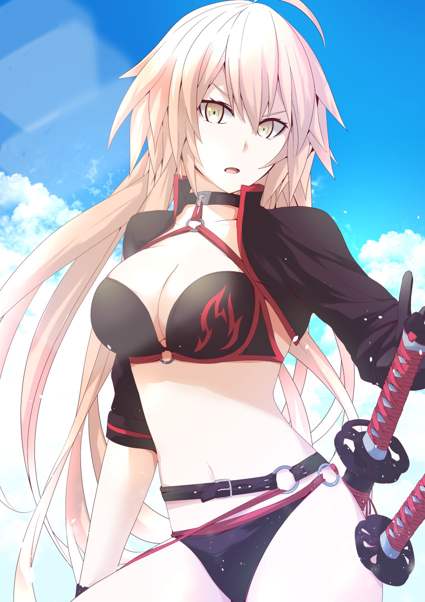 1girl absurdres ahoge belt bikini black_bikini black_gloves blue_sky breasts cleavage clouds collarbone cosmicsnic day fate/grand_order fate_(series) floating_hair gloves hair_between_eyes highres jeanne_d'arc_(alter_swimsuit_berserker) jeanne_d'arc_(fate)_(all) katana large_breasts long_hair looking_at_viewer navel o-ring o-ring_bikini open_mouth outdoors print_bikini_top sheath sheathed silver_hair sky solo standing swimsuit sword very_long_hair weapon yellow_eyes