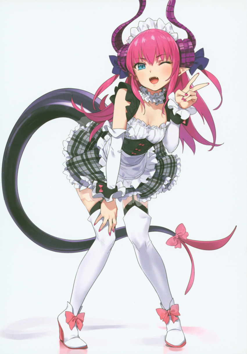 1girl :d absurdres alternate_costume asymmetrical_horns bent_over boots bow breasts choker cleavage corset curled_horns detached_sleeves dragon_girl dragon_horns dragon_tail dress elizabeth_bathory_(fate) elizabeth_bathory_(fate)_(all) enmaided fangs fate/grand_order fate_(series) frilled_dress frills garter_straps grey_background hand_on_own_knee high_heels highres horns incredibly_absurdres knees_together_feet_apart long_hair looking_at_viewer maid maid_headdress nail_polish one_eye_closed open_mouth pink_bow pink_hair plaid plaid_skirt pointy_ears scan skirt small_breasts smile tail thigh-highs thigh_boots v