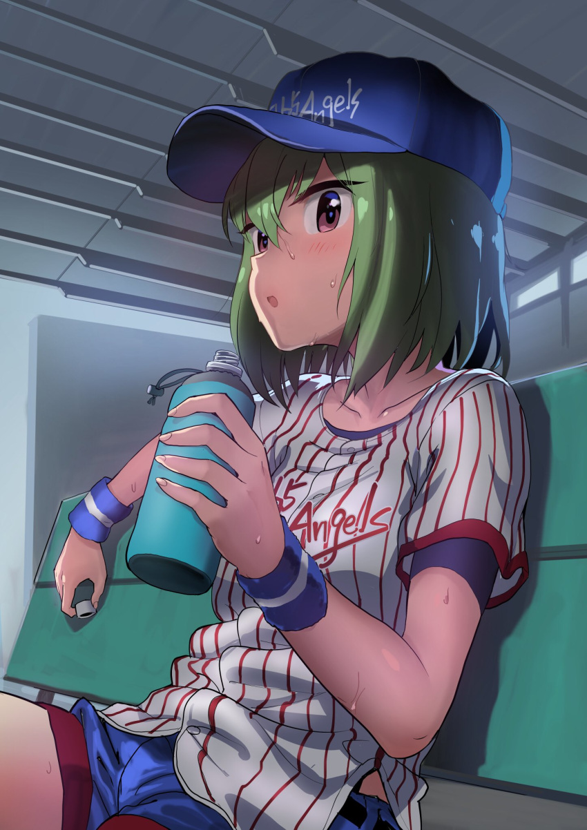 1girl andou_shuuki baseball_cap baseball_uniform bench bottle collarbone commentary_request green_hair hair_between_eyes hat highres idolmaster idolmaster_million_live! looking_at_viewer nagayoshi_subaru red_eyes short_hair short_sleeves shorts sitting solo sportswear sweat wristband