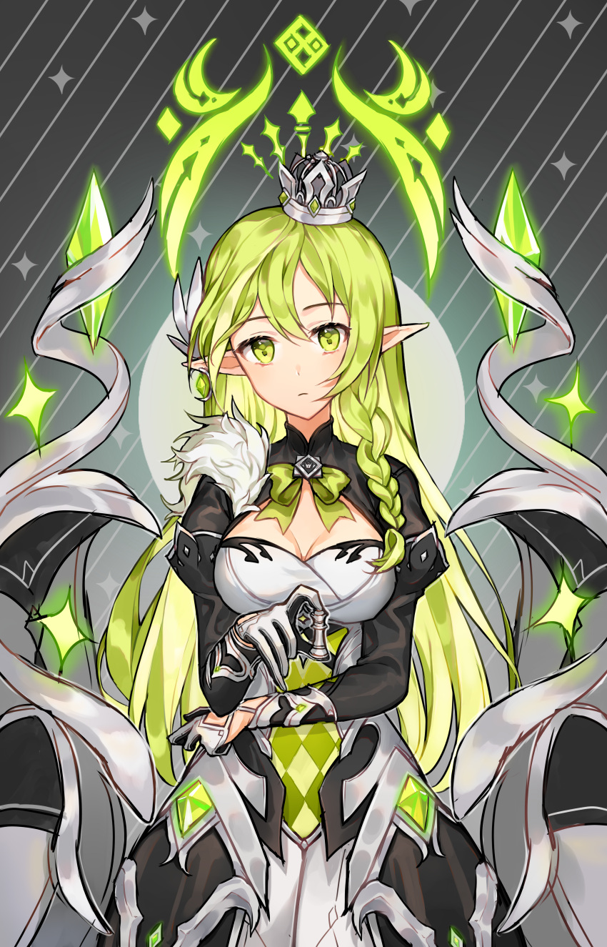 1girl absurdres alternate_costume braid breasts chess_piece cleavage closed_mouth crown cyg38801 elf elsword eyebrows_visible_through_hair gem gloves green_eyes green_hair highres holding long_hair long_sleeves pointy_ears rena_(elsword) ribbon white_gloves