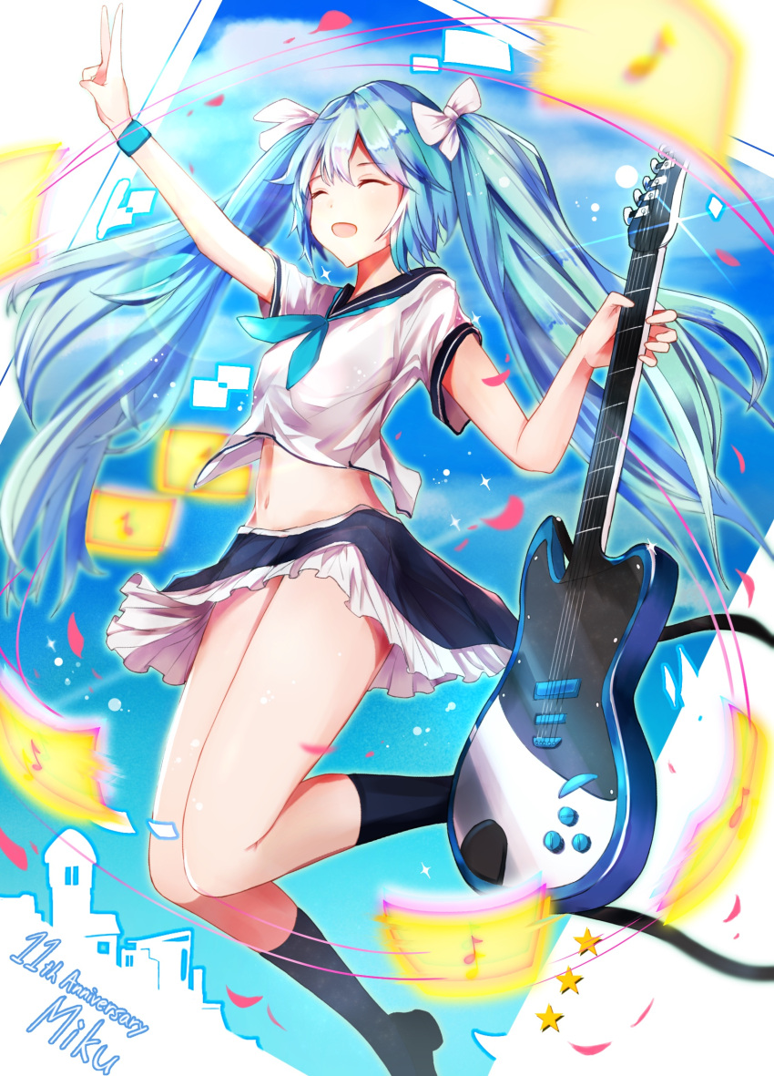 1girl absurdres black_legwear black_skirt blue_hair blue_neckwear bow closed_eyes floating_hair guitar hair_between_eyes hair_bow hatsune_miku highres holding holding_instrument instrument kneehighs lens_flare long_hair midriff miniskirt navel neckerchief open_mouth outstretched_arm shirt short_sleeves skirt smile solo stomach twintails v very_long_hair vocaloid white_bow white_shirt wristband