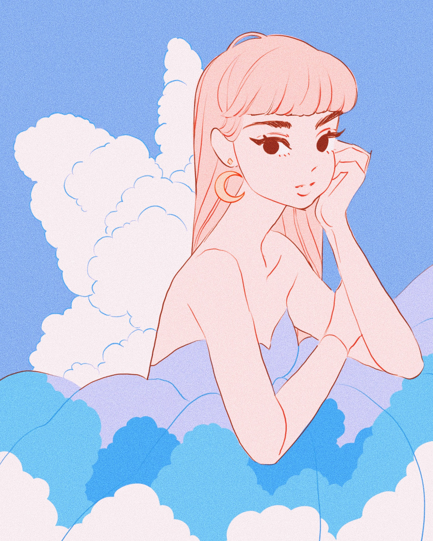 1girl absurdres bangs bare_shoulders black_eyes blue_background blunt_bangs clouds crescent crescent_earrings dress earrings hand_up highres jewelry long_hair looking_at_viewer meyoco original pink_hair print_dress solo strapless strapless_dress upper_body