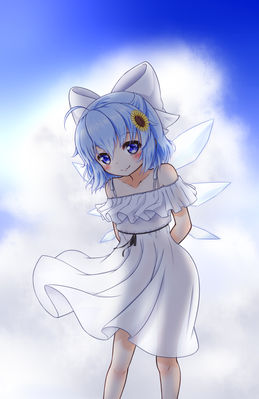 1girl absurdres ahoge alternate_costume backlighting blue_eyes blue_hair blush bow cirno clouds dress fang frilled_dress frills hair_bow highres ice ice_wings leaning_forward looking_at_viewer mofu_mofu see-through_silhouette sky sleeveless sleeveless_dress smile solo touhou white_dress wings