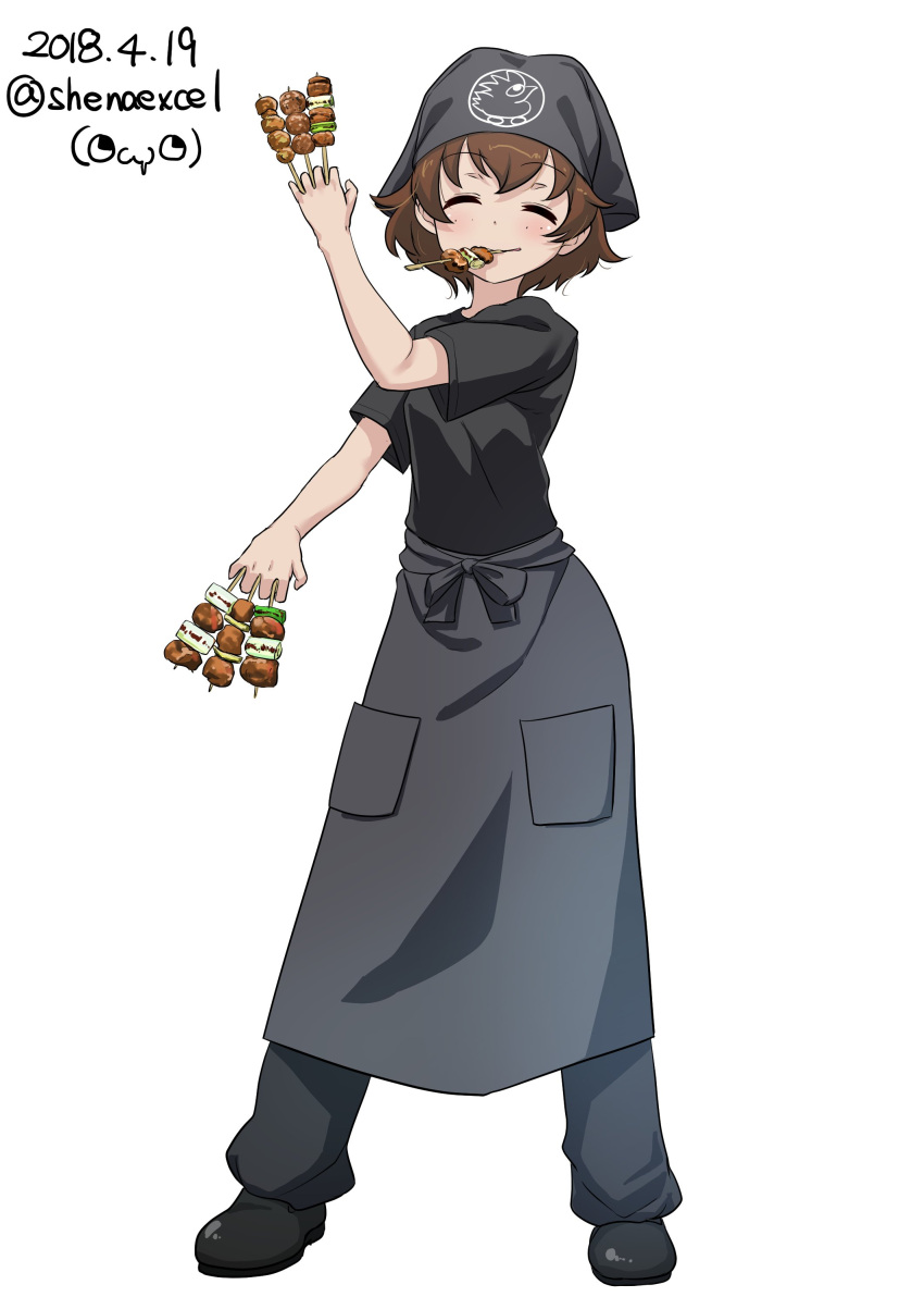1girl absurdres alternate_costume apron bandanna bangs between_fingers black_apron black_bandana black_footwear black_pants black_shirt brown_eyes brown_hair closed_eyes closed_mouth commentary_request dated employee_uniform excel_(shena) facing_viewer food food_in_mouth freckles full_body girls_und_panzer highres kebab mouth_hold pants shirt shoes short_hair short_sleeves smile solo standing t-shirt tsuchiya_(girls_und_panzer) twitter_username uniform waist_apron watermark