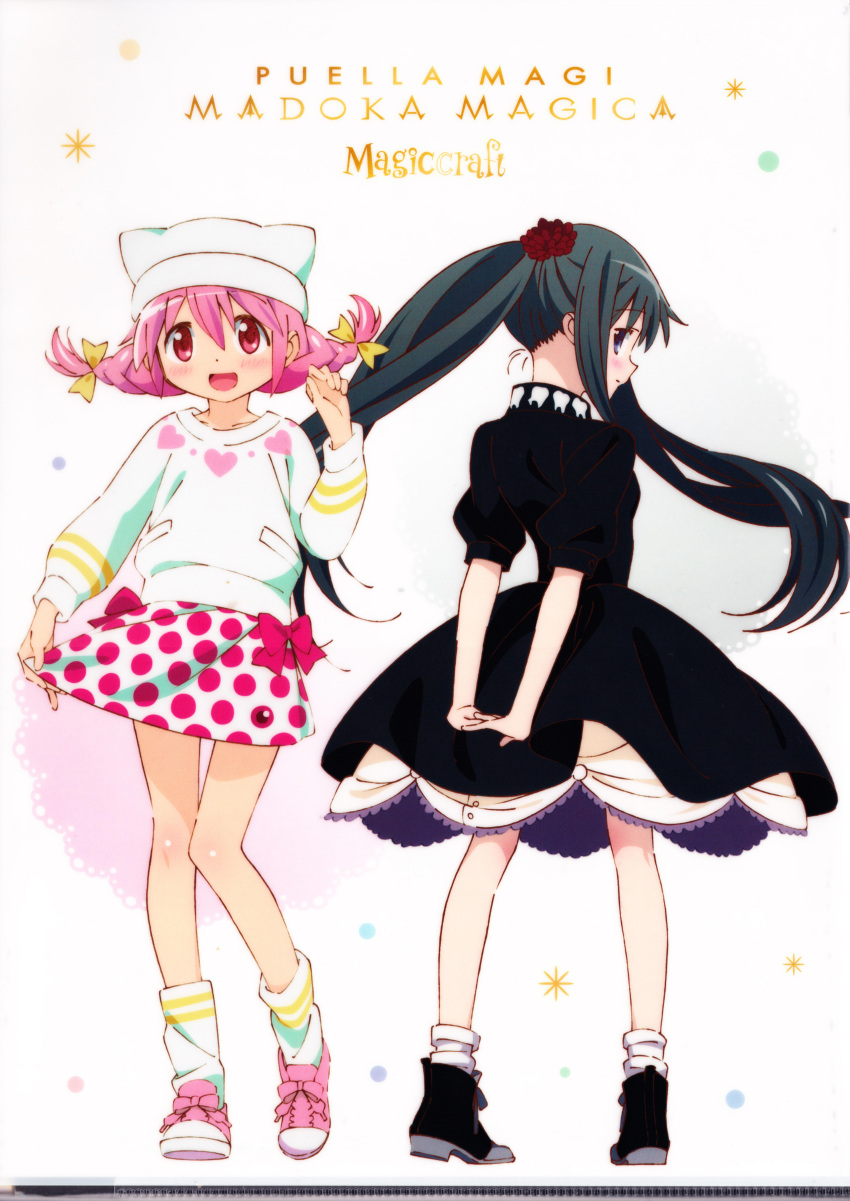 2girls absurdres adapted_costume akemi_homura alternate_costume alternate_hairstyle animal_ears ankle_boots arms_behind_back beanie black_dress black_footwear black_hair boots bow braid closed_mouth collarbone contrapposto copyright_name dot_nose dress eye_print eyebrows_visible_through_hair eyes fake_animal_ears flat_chest floating_hair flower frilled_dress frills full_body hair_between_eyes hair_flower hair_ornament hair_ribbon hand_up hat heart heart_print high_ponytail highres homulilly interlocked_fingers jitome kaname_madoka knee_blush knees_together_feet_apart kyubey lace_background layered_dress legs_apart light_blush light_smile long_hair looking_at_viewer looking_back loose_socks mahou_shoujo_madoka_magica mahou_shoujo_madoka_magica_movie multiple_girls nape official_art open_mouth own_hands_together pink_bow pink_eyes pink_footwear pink_hair polka_dot polka_dot_background polka_dot_skirt ponytail profile puffy_sleeves red_flower ribbon shiny shiny_hair shoes short_dress side-by-side sidelocks simple_background skirt skirt_hold smile sneakers socks sparkle sparkle_background standing straight_hair striped striped_legwear sweatshirt tareme teeth_print twin_braids violet_eyes waist_bow white_background white_headwear white_legwear white_skirt white_sweatshirt yellow_ribbon
