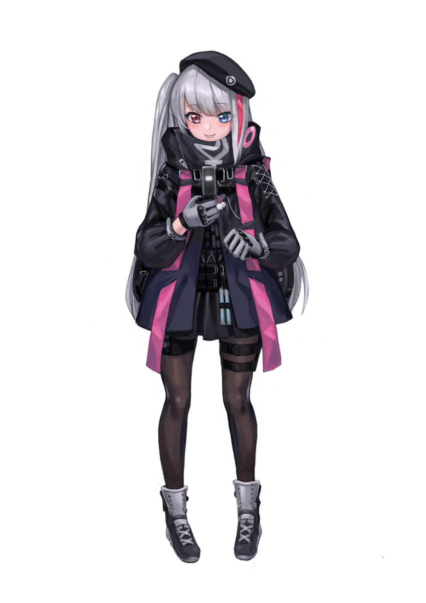 1girl bangs belt beret black_hat black_legwear blue_eyes cellphone cellphone_camera commentary_request eyebrows_visible_through_hair flip_phone full_body girls_frontline gloves grey_gloves grey_hair hat heterochromia highres jacket kuro_(zhurunbo1997) long_hair long_sleeves mdr_(girls_frontline) multicolored_hair pantyhose phone pink_eyes pink_hair shoes side_ponytail sidelocks simple_background smile solo stitching strap streaked_hair tactical_clothes thigh_strap white_background zipper