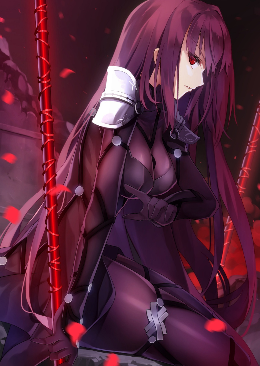1girl bangs bodysuit breasts fate/grand_order fate_(series) gae_bolg highres large_breasts long_hair looking_at_viewer looking_to_the_side minamina parted_lips pauldrons petals polearm purple_bodysuit purple_hair red_eyes scathach_(fate)_(all) scathach_(fate/grand_order) solo spear thighs weapon