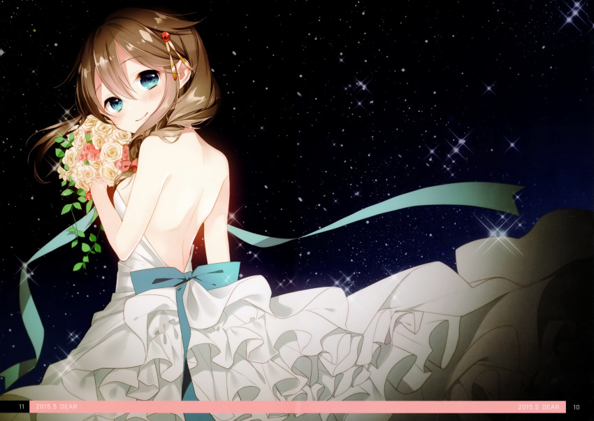 1girl 2015 absurdres backless_dress backless_outfit blue_bow blue_eyes blue_ribbon bouquet bow braid breasts brown_hair dress eyebrows_visible_through_hair flower from_behind hair_between_eyes hair_bow hair_ornament hair_over_shoulder hairpin highres holding holding_bouquet kantai_collection layered_dress long_hair medium_breasts naoto_(tulip) night outdoors page_number red_bow red_flower ribbon rose shigure_(kantai_collection) shiny shiny_hair side_braid sideboob sky sleeveless sleeveless_dress solo sparkle standing star_(sky) starry_sky strapless strapless_dress wedding_dress white_dress yellow_flower yellow_rose