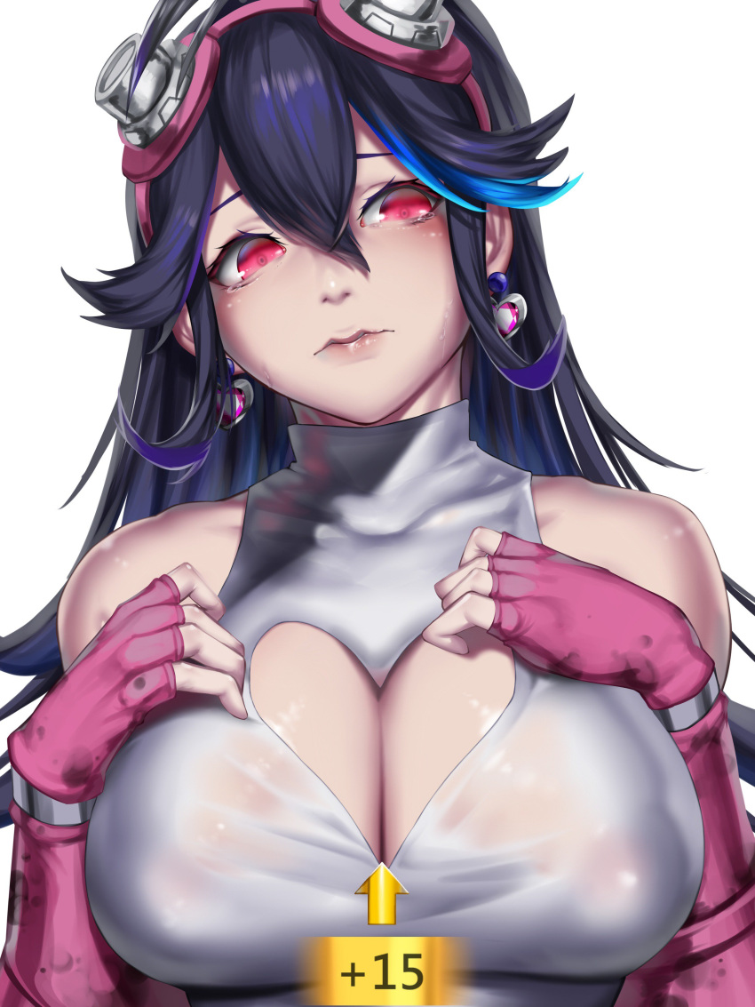 1girl absurdres bare_shoulders black_hair breasts character_request cleavage cleavage_cutout closed_mouth covered_nipples crying crying_with_eyes_open earrings fingerless_gloves gloves hair_ornament headgear highres jewelry kumiko_shiba large_breasts long_hair maplestory multicolored_hair pink_gloves red_eyes see-through streaked_hair tears