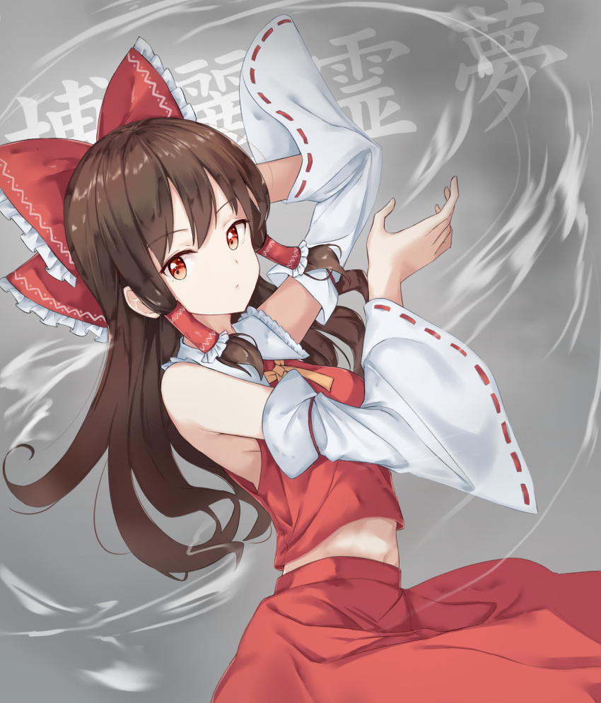 1girl bow brown_hair detached_sleeves eyebrows_visible_through_hair floating_hair grey_background hair_bow hair_tubes hakurei_reimu hand_in_hair highres long_hair looking_at_viewer midriff mojomaru navel red_bow red_eyes red_shirt red_skirt ribbon-trimmed_sleeves ribbon_trim shirt skirt sleeveless sleeveless_shirt solo stomach striped striped_bow touhou