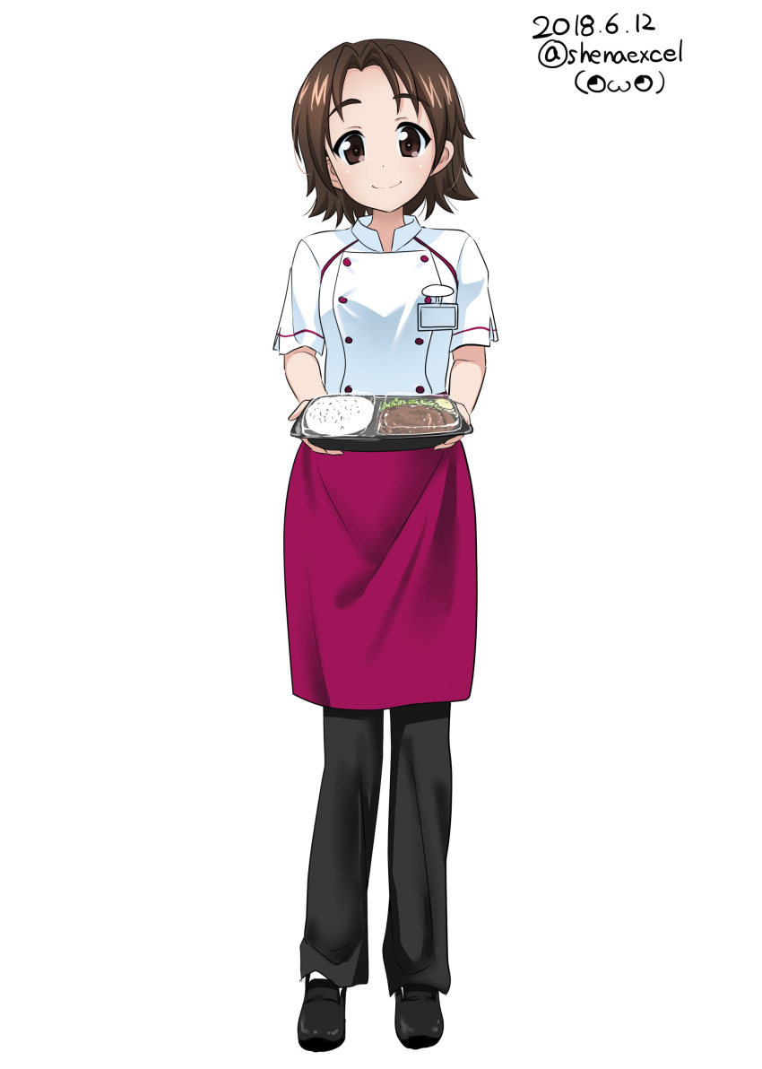 1girl absurdres alternate_costume apron bangs black_footwear black_pants brown_eyes brown_hair closed_mouth commentary dated double-breasted employee_uniform excel_(shena) food full_body girls_und_panzer highres holding holding_food kitchen_origin loafers looking_at_viewer pants parted_bangs purple_apron sawa_azusa shirt shoes short_hair short_sleeves simple_background smile socks solo standing twitter_username uniform waist_apron watermark white_background white_legwear white_shirt
