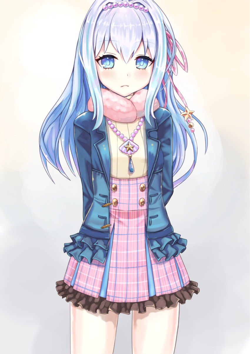 1girl blue_eyes blue_hair blue_jacket bow chicken_(chickenx) closed_mouth cowboy_shot frills gradient_hair hair_bow hair_intakes highres jacket jewelry long_hair looking_at_viewer mana_(shironeko_project) multicolored_hair necklace pink_bow pink_skirt plaid plaid_skirt shironeko_project silver_hair skirt solo standing