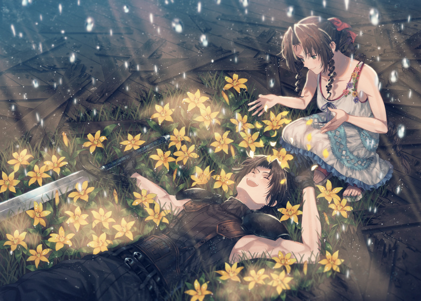 1boy 1girl aerith_gainsborough armpits black_gloves black_pants bow brown_hair collarbone dress final_fantasy final_fantasy_vii flower frilled_dress frills gloves green_eyes grey_dress grey_ribbon hair_bow highres holding holding_sword holding_weapon humiyooo long_hair looking_down neck_ribbon outdoors pants pauldrons red_bow ribbon sleeveless sleeveless_dress smile sundress sword twintails weapon yellow_flower zack_fair