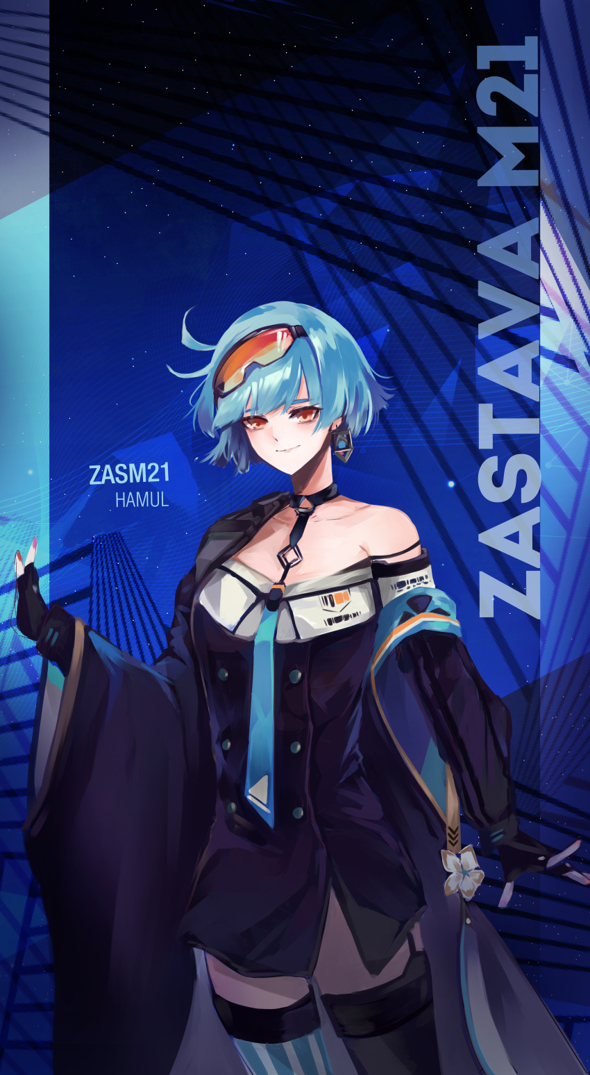 1girl absurdres ahoge artist_name asymmetrical_legwear bangs blue_hair blue_neckwear blush character_name choker collarbone cowboy_shot double-breasted earrings eyewear_on_head fingerless_gloves flower garter_straps girls_frontline gloves goggles hamul hand_up highres jewelry long_sleeves looking_at_viewer orange_eyes short_hair sky smile solo star_(sky) starry_sky striped striped_legwear thigh-highs wide_sleeves zas_m21_(girls_frontline)