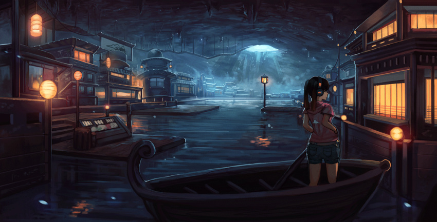 1girl architecture blue_short boat building commentary denim denim_shorts east_asian_architecture english_commentary from_behind klegsart lamp light night on_boat outdoors river scenery short_sleeves shorts solo standing water watercraft