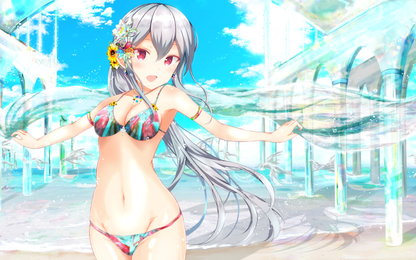 1girl :d architecture armpits bangs bare_shoulders beach bikini blue_sky blush breasts cleavage clouds collarbone commentary_request day eyebrows eyebrows_visible_through_hair flower girlfriend_(kari) grey_hair groin hair_flower hair_ornament highres holding jewelry long_hair masa_(mirage77) medium_breasts multicolored multicolored_bikini multicolored_clothes navel necklace ocean open_mouth outdoors ponytail red_eyes shawl shigeto_akiho silver_hair sky smile solo sparkle standing sunflower swimsuit wallpaper yellow_flower