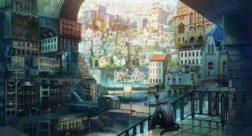 1other ambiguous_gender animal_ears cat_ears cat_tail day highres house kakotomirai lamppost original outdoors railing scenery sitting stairs tail